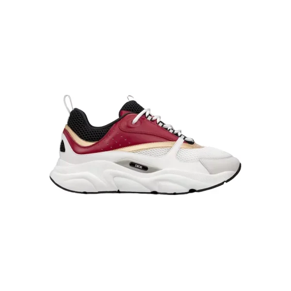 B22 SNEAKER WHITE AND BLACK TECHNICAL MESH WITH BURGUNDY WHITE AND GOLD-TONE CALFSKIN – CD128