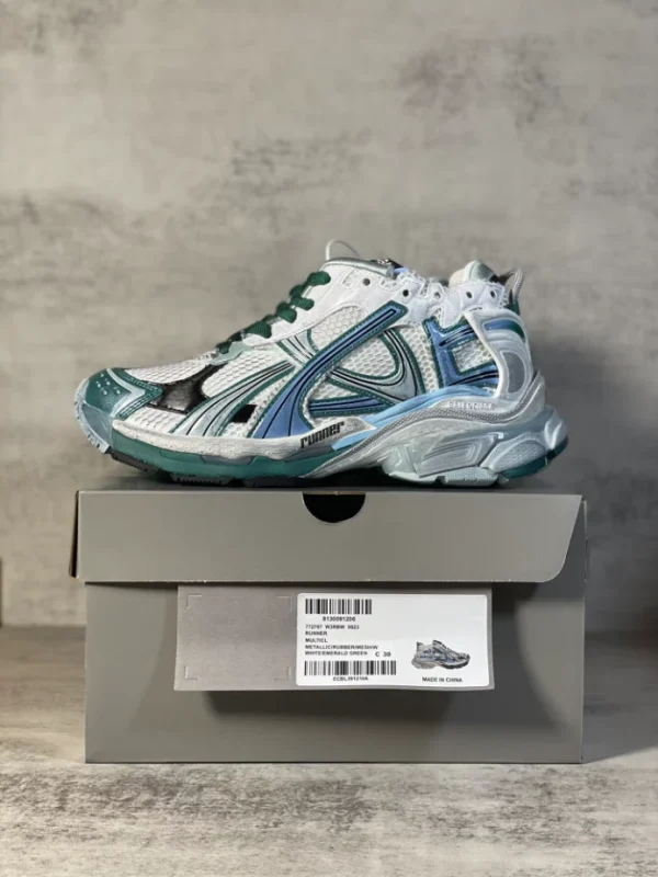 BALENCIAGA MEN’S RUNNER SNEAKER IN WHITE/GREEN/BLUE – BB229 - Image 6