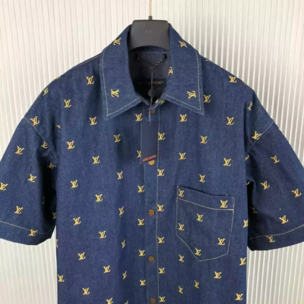 LV Embroidered Signature Short-Sleeved Denim Shirt – LVS031 - Image 2