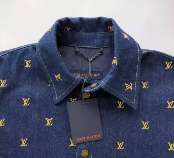 LV Embroidered Signature Short-Sleeved Denim Shirt – LVS031 - Image 7