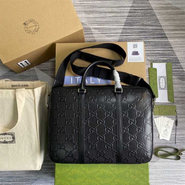 GUCCI GG EMBOSSED BRIEFCASE BLACK LEATHER COTTON LINEN LINING - Image 2