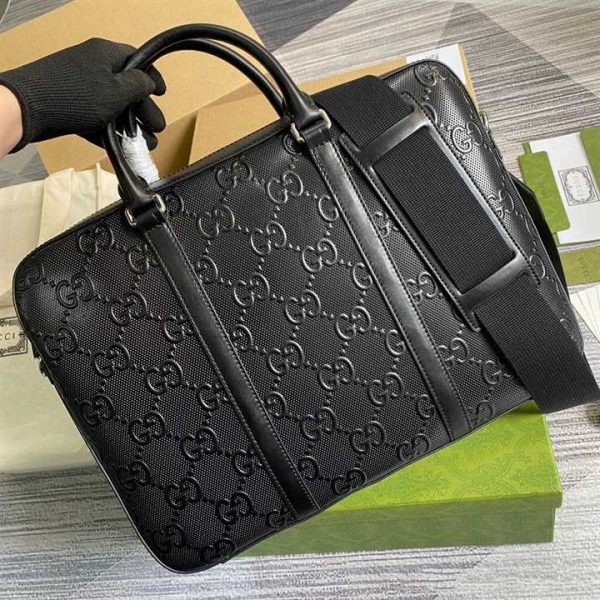 GUCCI GG EMBOSSED BRIEFCASE BLACK LEATHER COTTON LINEN LINING - Image 9