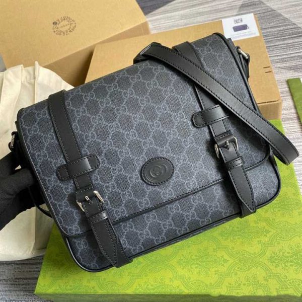 GUCCI MESSENGER BAG BLACK GG SUPREME CANVAS BLACK LEATHER TRIM - Image 9